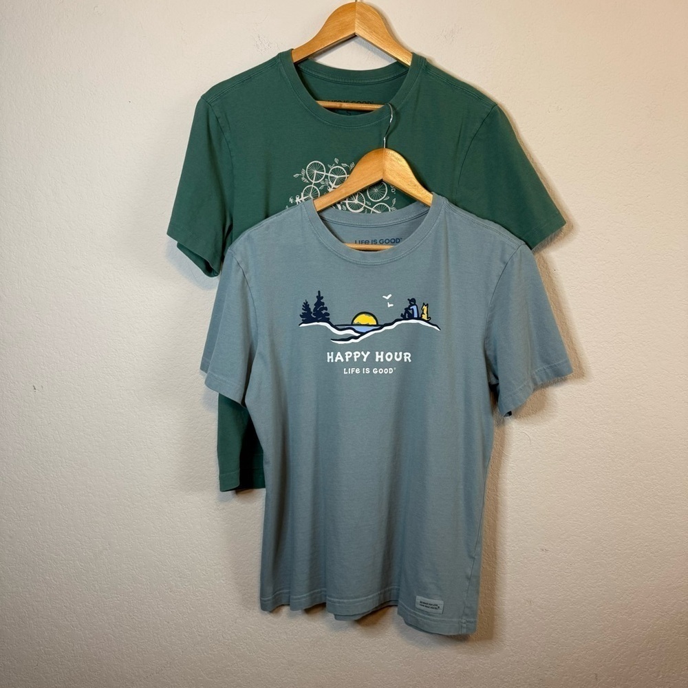 Life is Good Green Blue Short Sleeve T Shirts Happy Hour Bikes Small - Set of 2